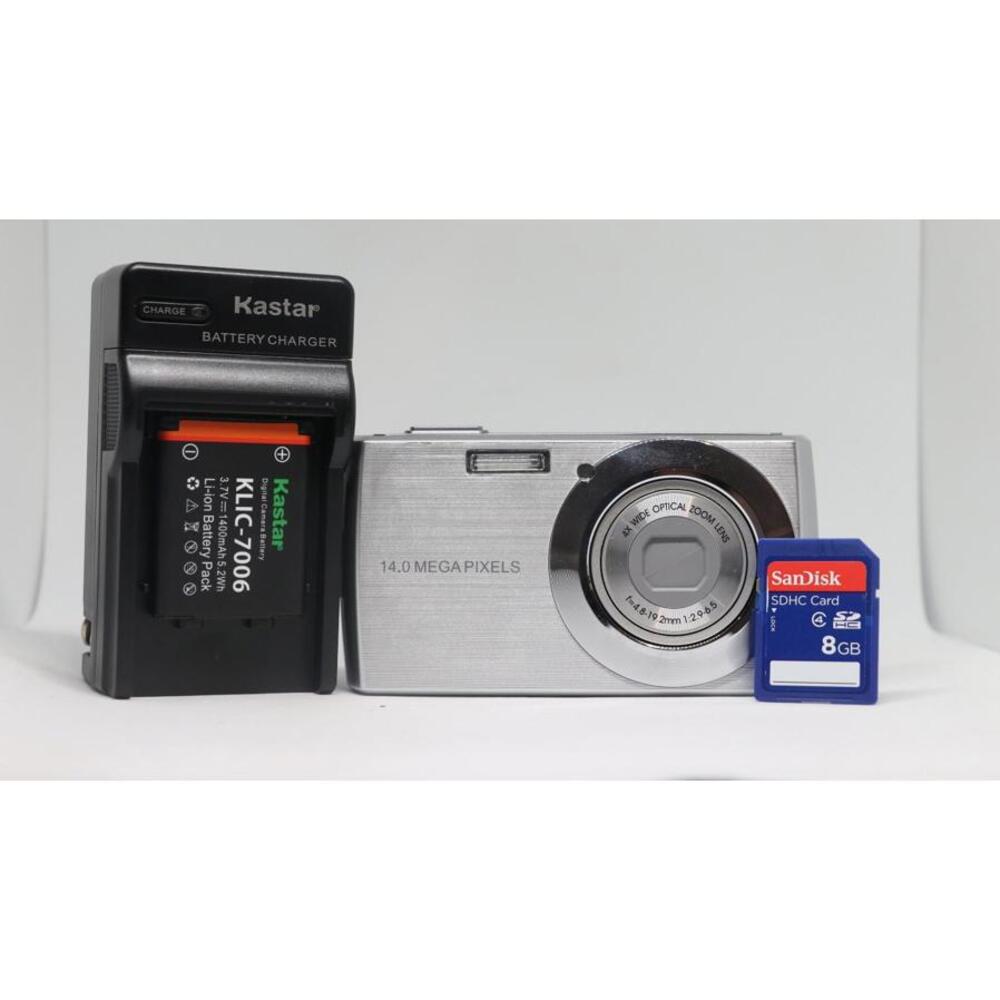 14MP Digital Camera Silver Tested Works 4x Zoom + Battery + Charger + 8GB SD